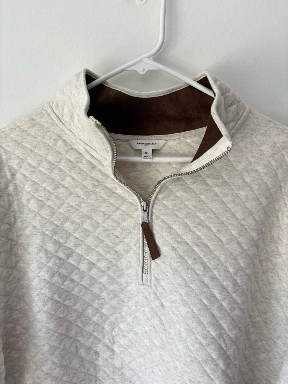 Banana Republic Quilted Knit Quarter Zip Pullover Cream Oatmeal Heather